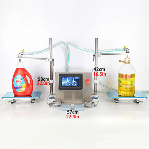 Hustle Ready Commercial Double Head Liquid Filling Machine Featuring No Sweat Anti Drip Design And Plug And Play Digital Interface For Oil Beverage And Wine Up To Thirty Five Liter Capacity Ready To Rock, showing controls and two bottles.