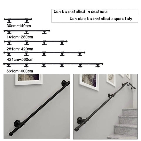 Black Wrought Iron Stair Handrail Wall Mounted Indoor Outdoor Support Bar With Kickass Ergonomic Grip Built Tough For Daily Use Senior Safety Adjustable Length Weather Resistant options displayed on wall.