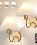Two Pack Battery Operated Wall Sconces With Pleated Shades, USB Rechargeable Gooseneck Gold Finish Vanity Lights, remote shown