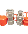 Front view of 1/2" NPT flat-face hydraulic quick-connect couplers with orange dust caps.