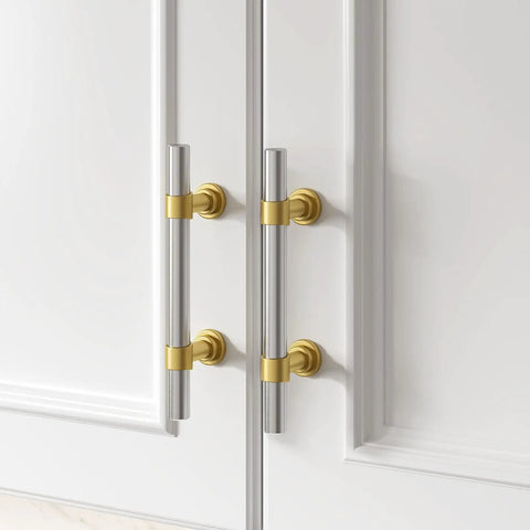 Solid Cabinet Pulls And Drawer Handles 10 Pack Featuring Smooth Brushed Nickel Finish With Straight Up Gold Accents on white cabinet doors.