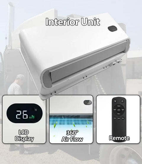 Interior unit of 12V Brushless Mini Split AC for Trucks and RVs, featuring LCD display, 360-degree airflow, and remote control.