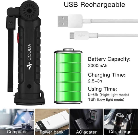 Rechargeable LED Work Light With Magnetic Base And 360 Degree Rotating Head, USB-C cable, battery capacity 2000mAh