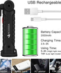 Rechargeable LED Work Light With Magnetic Base showing battery capacity and charging options, USB cable included