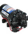 Heavy Duty 12 Volt Diaphragm Water Pump Brings Sweet 5.5 GPM Flow At 60 PSI Pressure, black unit with red wires for RV and marine use.