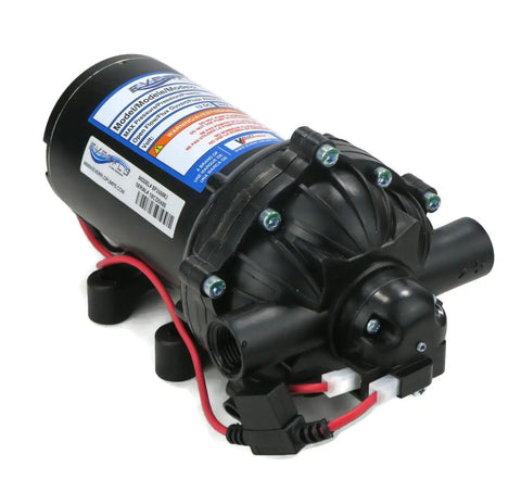 Heavy Duty 12 Volt Diaphragm Water Pump Brings Sweet 5.5 GPM Flow At 60 PSI Pressure, black unit with red wires for RV and marine use.
