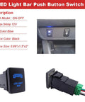 Toyota LED Push Switch With Blue Backlit Kit shown in dashboard and detached view for 4Runner Tacoma Tundra Sequoia Highlander RAV4