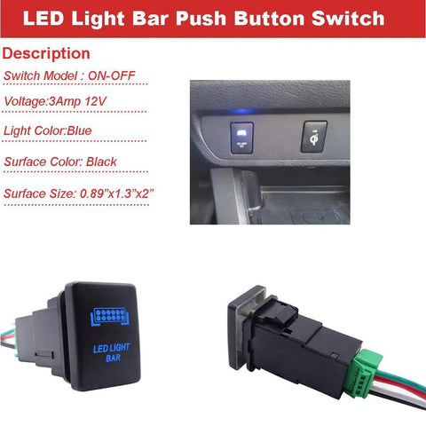 Toyota LED Push Switch With Blue Backlit Kit shown in dashboard and detached view for 4Runner Tacoma Tundra Sequoia Highlander RAV4