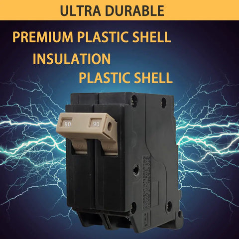 40 Amp Two Pole Molded Case Circuit Breaker Plug In Type Three Quarter Inch Thermal Magnetic Protection 10K A at 120 and 240 Volt OEM Compatible Load Centers Easy Install Genuine OEM Ten Year Warranty with lightning background