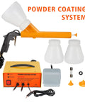 Heavy Duty Electrostatic Powder Coating Gun Kit w/ Control Panel & Pump, spray gun, cups, and foot switch for metal refinishing.
