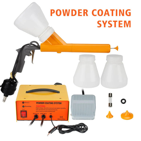 Heavy Duty Electrostatic Powder Coating Gun Kit w/ Control Panel & Pump, spray gun, cups, and foot switch for metal refinishing.