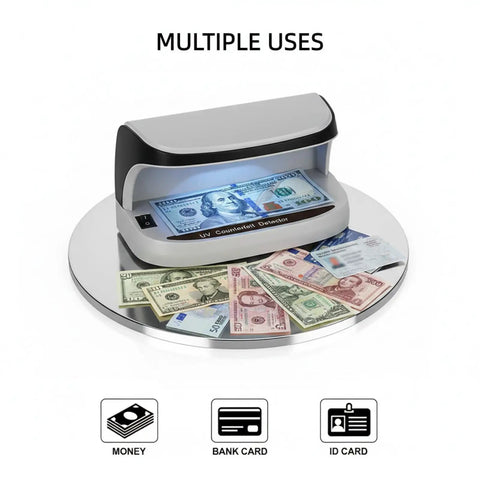 Counterfeit Money Detector With UV LED Light scanning cash, bank cards, and ID cards on mirror surface for verification.