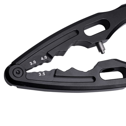 Close-up of Pro Grade Aluminum Alloy RC Shock Clamp Pliers Multi Tool showing markings for 3mm, 3.5mm, and 4mm shock shafts.