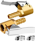 Brass Tire Inflator With Lock On Air Chuck And One Quarter Inch Barbed Hose End For Quick Hose Repairs Portable Mini Compressor Kit Open Flow With Hands Free Inflation 2 Pack