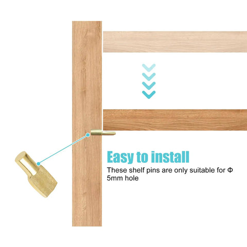 Rock Solid 5Mm Shelf Pins And Cabinet Brackets, 80 Pack Zinc Alloy Rack Supports With Sleek Nickel Finish, showing easy installation on wood.