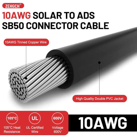Built Tough 50A Solar Panel Connector With 10AWG Tinned Copper Extension Cable For Solar Generators Inverters And Battery Pack Chargers Five Foot Cord Length close-up of 10AWG tinned copper wire showing multiple strands.