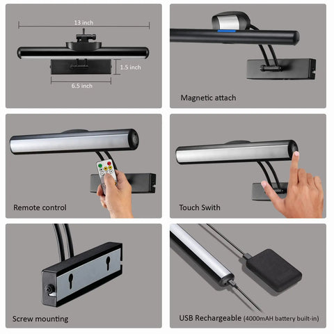 Collage showing Wireless LED Picture Light with Remote and Rechargeable Battery, dimensions, features, and components.