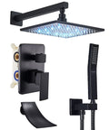 Dope LED Shower System Matte Black Wall Mounted Luxury Rain Mixer Shower Combo With 12 Inch Rainfall Head displayed with components