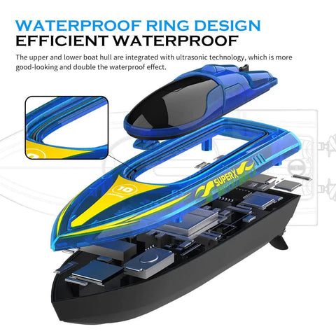 LED RC Boat With Night Light Remote Control Boat for Pools and Lakes showing waterproof hull and internal components