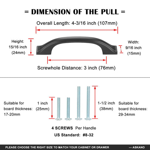 Diagram showing dimensions of 10 Pack 3 Inch Brushed Nickel Cabinet Pulls Satin Nickel Cabinet Handles with screws.