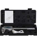 Rechargeable Vernier Digital Caliper displayed in a black case with USB charging cable and instruction manual.