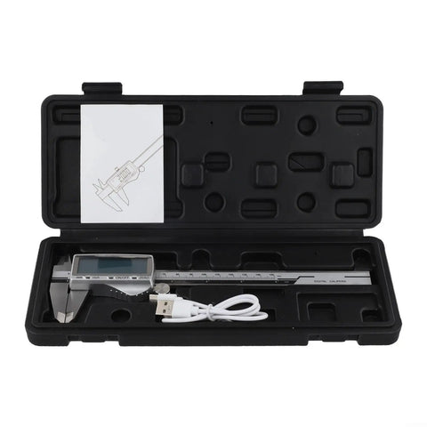 Rechargeable Vernier Digital Caliper displayed in a black case with USB charging cable and instruction manual.