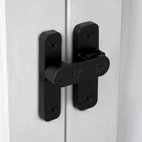 Sturdy Black Zinc Alloy Barn Door Latch With 180 Degree Slide Lock For Wood Doors mounted on white panels, showing screws and sleek design.