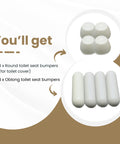 Toilet Seat Bumper Kit With Rubber Adhesive Pads, includes four round and four oblong bumpers, bidet compatible, easy install.