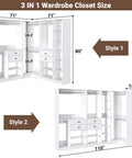 Built Tough Freestanding Walk In Closet 3 Piece Kit dimensions diagram showing styles 1 and 2 with white engineered wood, ample storage.