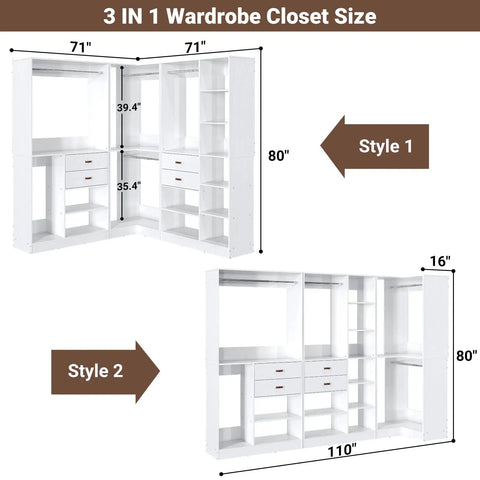 Built Tough Freestanding Walk In Closet 3 Piece Kit dimensions diagram showing styles 1 and 2 with white engineered wood, ample storage.