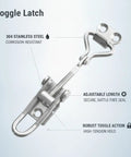 Image showing Heavy Duty Adjustable Toggle Latch 304 Stainless Steel Draw Closure with labels on features and corrosion resistance.