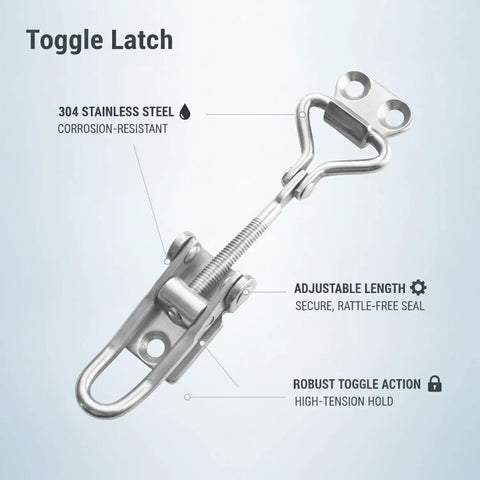 Image showing Heavy Duty Adjustable Toggle Latch 304 Stainless Steel Draw Closure with labels on features and corrosion resistance.