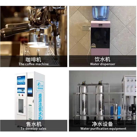 Grid of four images showing coffee machine, water dispenser, vending machine, and water purification equipment