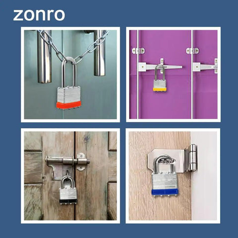 Built Tough Keyed Alike Laminated Steel Padlocks, 1-9/16 Inch Wide Body, Long Shackle, Blue Plastic Hoop, Pack Of 12, shown in use