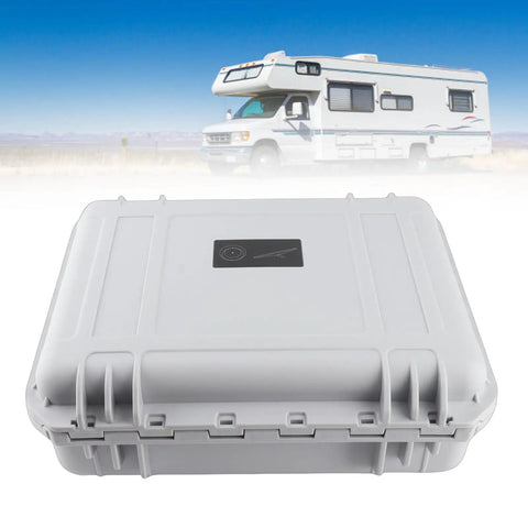 Precision Cut Foam Insert Hard Case With IP67 Waterproof Seal for Mini Satellite Dish and Accessories in front of RV