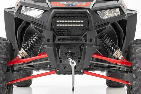 Heavy Duty Winch Mounting Plate For Polaris RZR XP 1000 2014 Through 2022 Black Steel Construction mounted on front vehicle