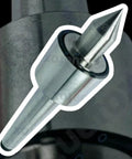 Close-up of MT1 mini lathe live center with triple bearings, conical tip, metal shaft.