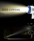 Corded Handheld Boat Spotlight 12V DC Halogen 1200 Lumens, 8 ft cord, glowing beam illuminating dark water at night