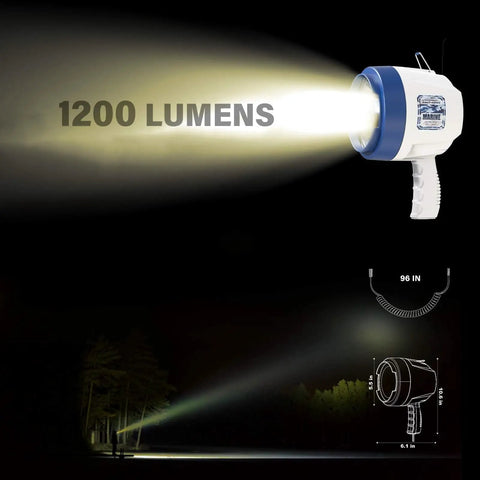 Corded Handheld Boat Spotlight 12V DC Halogen 1200 Lumens, 8 ft cord, glowing beam illuminating dark water at night