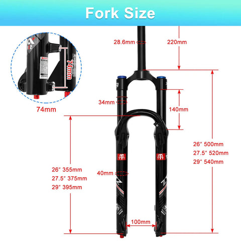 Dimensions of Beefed Up Air Suspension Fork for XC AM Mountain Bike 26 27 Point 5 29 Inch Upgraded 34mm Stanchions 140mm Travel