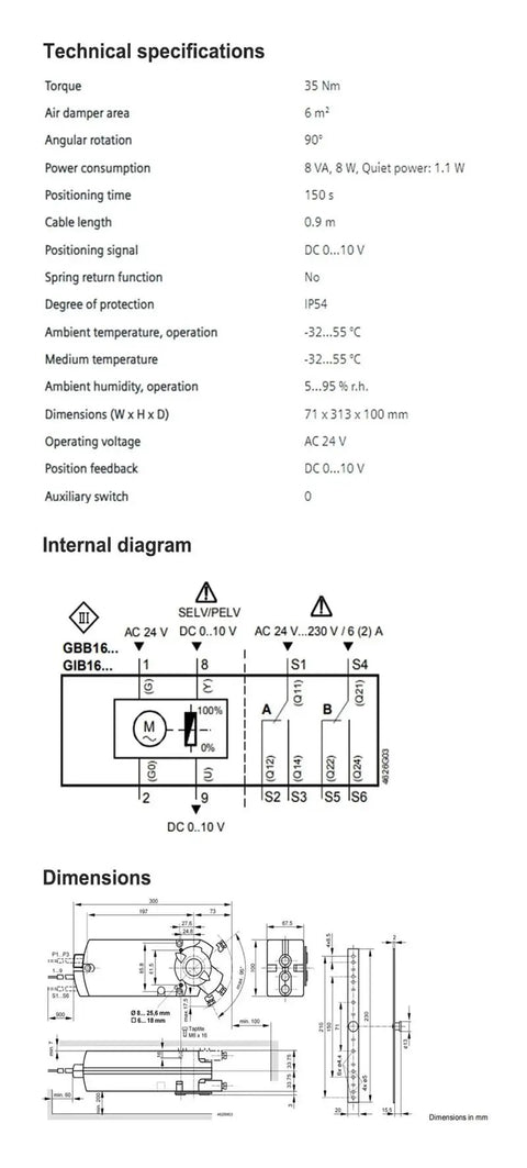 Technical specifications and internal diagram of Heavy Duty Air Damper Actuator GIB161.1E for air conditioning plants.