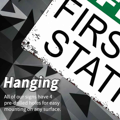 Close-up of 12 By 8 Inch Aluminum First Aid Station Sign For Workplace Safety Rugged Rust Resistant Metal with text about mounting.