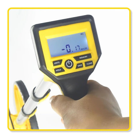 CFTGIW Distance Measuring Wheel with Precision Machined Digital Display, showing the digital interface and buttons in use.