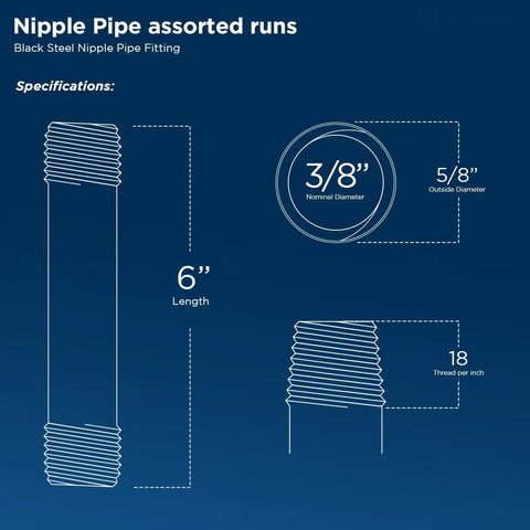 Diagram showing specs of 3/8 By 6 Inch Black Steel Pipe Nipple Set, 10 Pack, heavy duty Schedule 40 NPT threaded nipples for DIY projects.