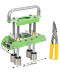 Pro Grade Green V Shaped Hand Sheet Metal Bender with Edge Bead Roller and scale for roofing panels, shown with dimensions and snips.