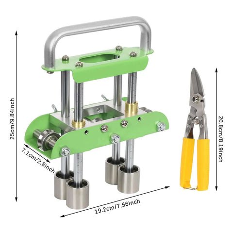 Pro Grade Green V Shaped Hand Sheet Metal Bender with Edge Bead Roller and scale for roofing panels, shown with dimensions and snips.