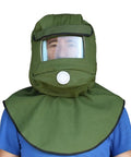 Person wearing Sand Blasting Hood Cap With Canvas Shawl Protective Gear Mask Anti Dust Hood For Spraying Sanding Cutting And DIY Painting