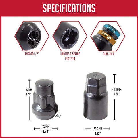 Specifications of All Purpose Lug Lock Kit With 4 Locks And Key 1/2 Inch 20 Thread Closed End Bulge 35mm 1.38 Inch Long Black Wheel Lock