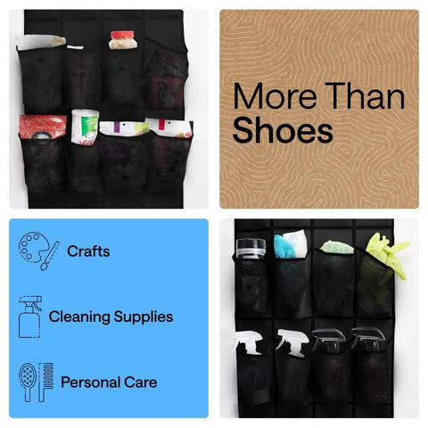 Heavy Duty Over The Door Shoe Organizer With 24 Roomy Pockets, showcasing versatile storage for crafts and cleaning supplies.
