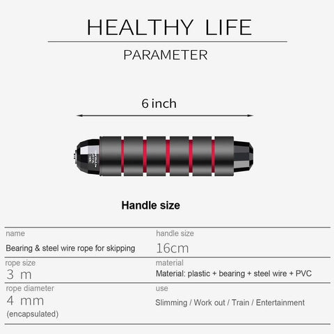Jump Rope With Ball Bearings For Fast Smooth Rotations Adjustable Cable 6 Inch Memory Foam Handles Ideal For Speed Training Extreme Jumping Endurance Workouts And Gym Sessions product specifications with handle size and material details.